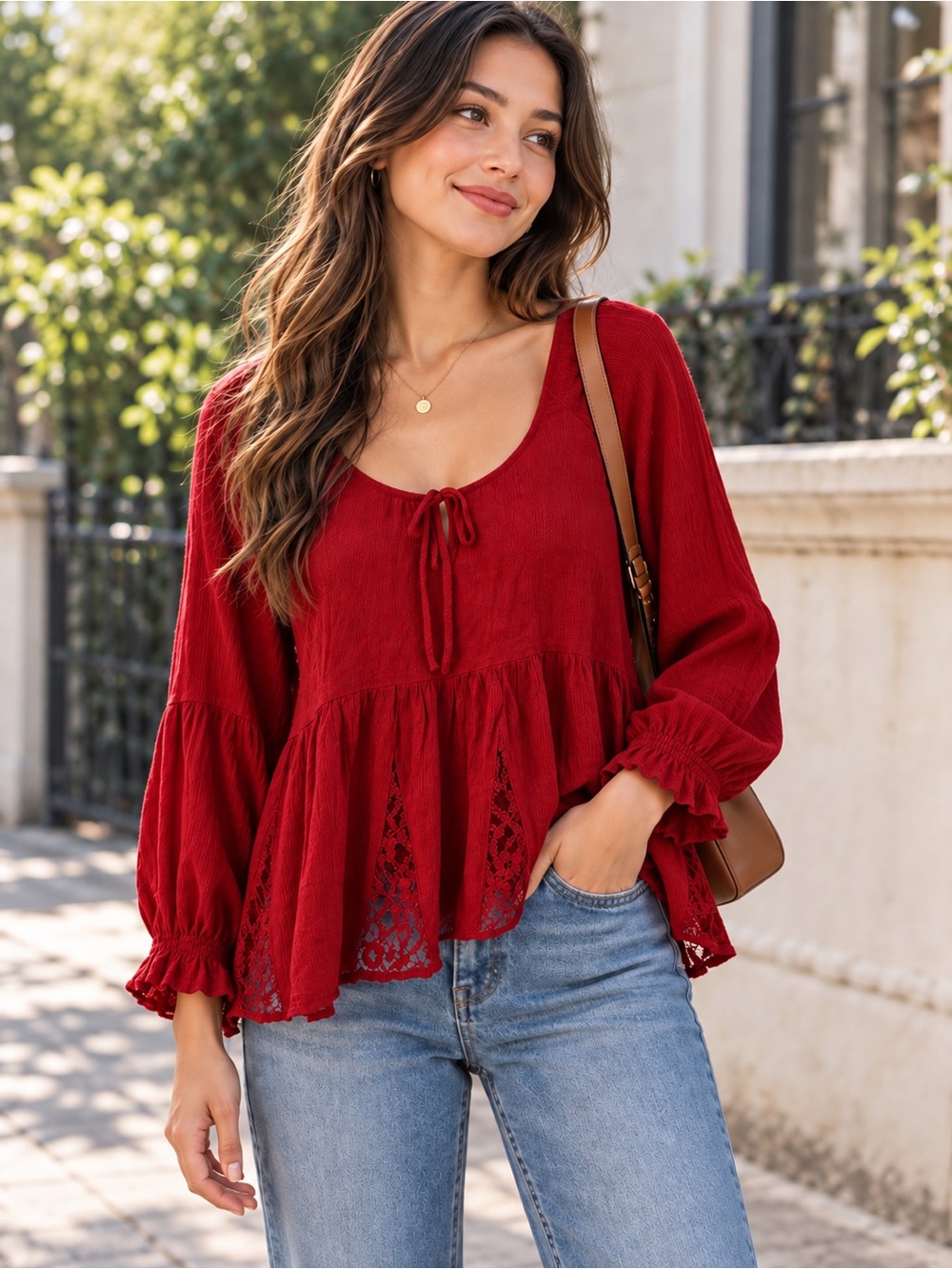 American Eagle Outfitters Red Peasant Lace Babydoll Top